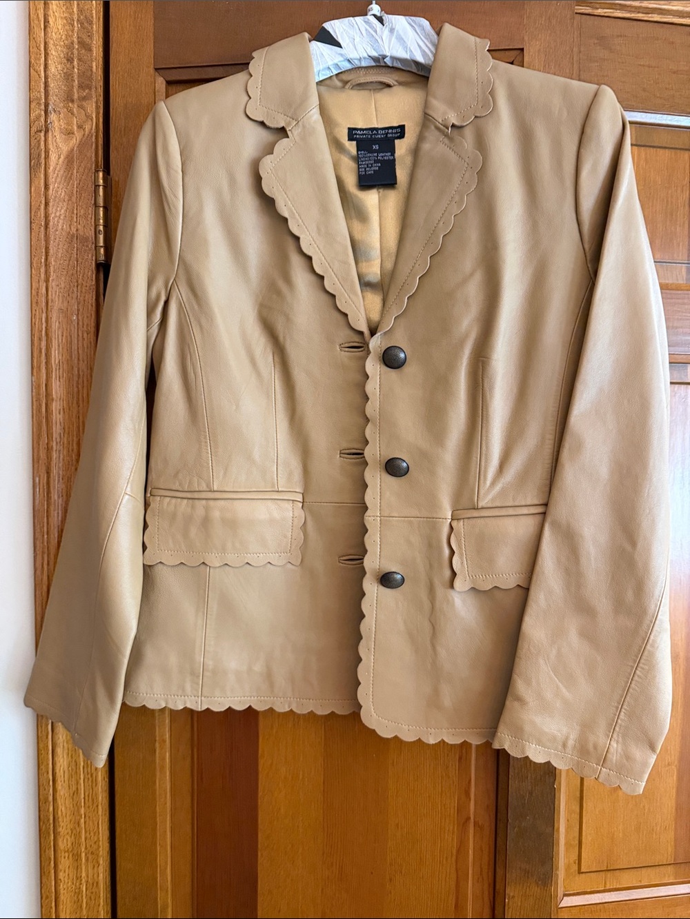 Pamela Dennis Scalloped Trim Leather Blazer in Camel Tan